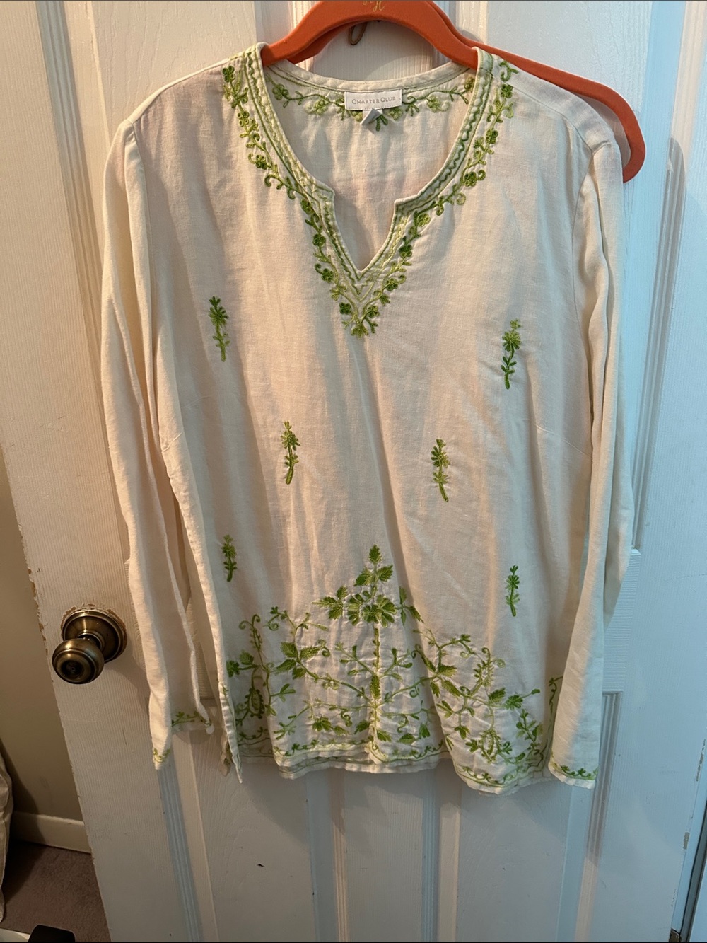 Charter Club Cream Tunic Top linen with Green Embroidery